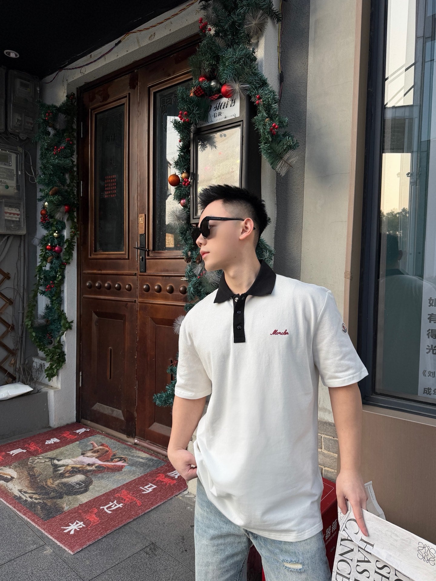 MONCLER MC Embroidered Color Contrast Button Short Sleeve Polo Shirt