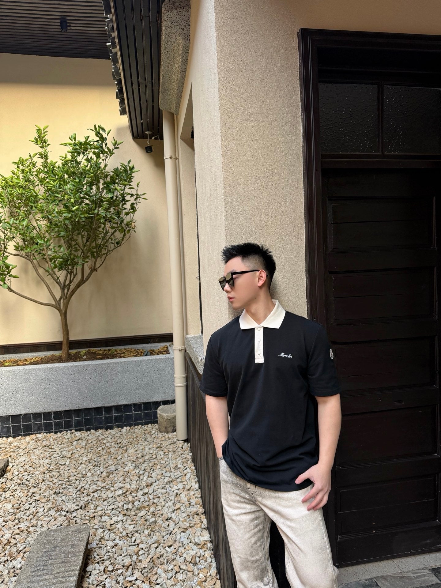 MONCLER MC Embroidered Color Contrast Button Short Sleeve Polo Shirt