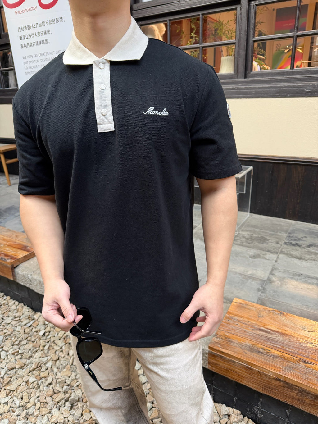 MONCLER MC Embroidered Color Contrast Button Short Sleeve Polo Shirt